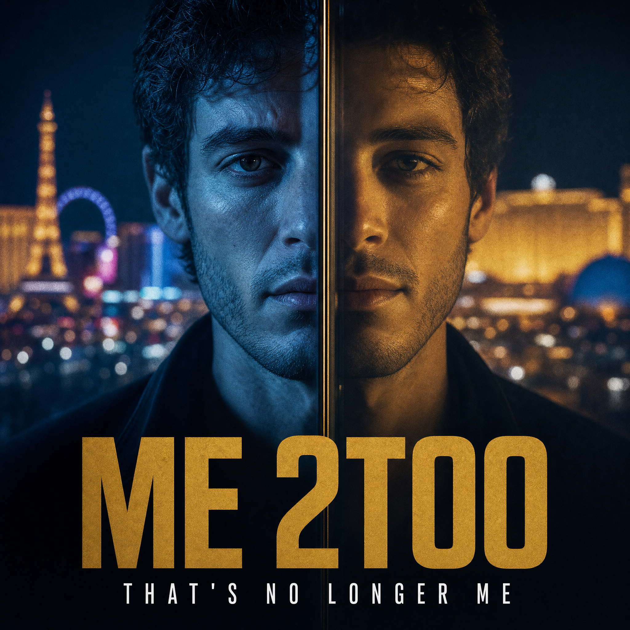 Me 2Too key art: a face split by a mirror edge, one half cold blue and the other warm gold, against the Las Vegas night skyline